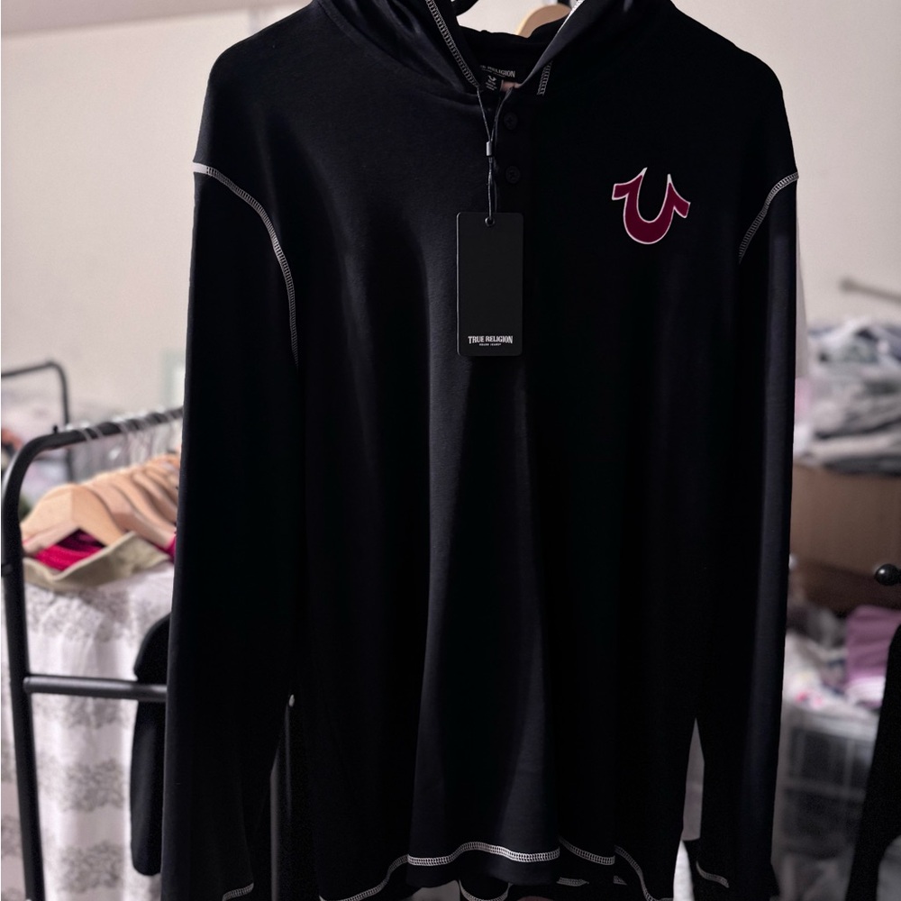 True Religion Black Hoodie Shirt with Red Logo